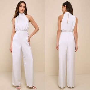 Lulus Stunning Promise White Satin Asymmetrical Wide-Leg Jumpsuit L Wedding
